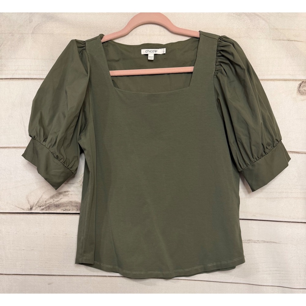 Chico's Olive‎ Green Square Neck Puff Sleeve Top Women's Size 1